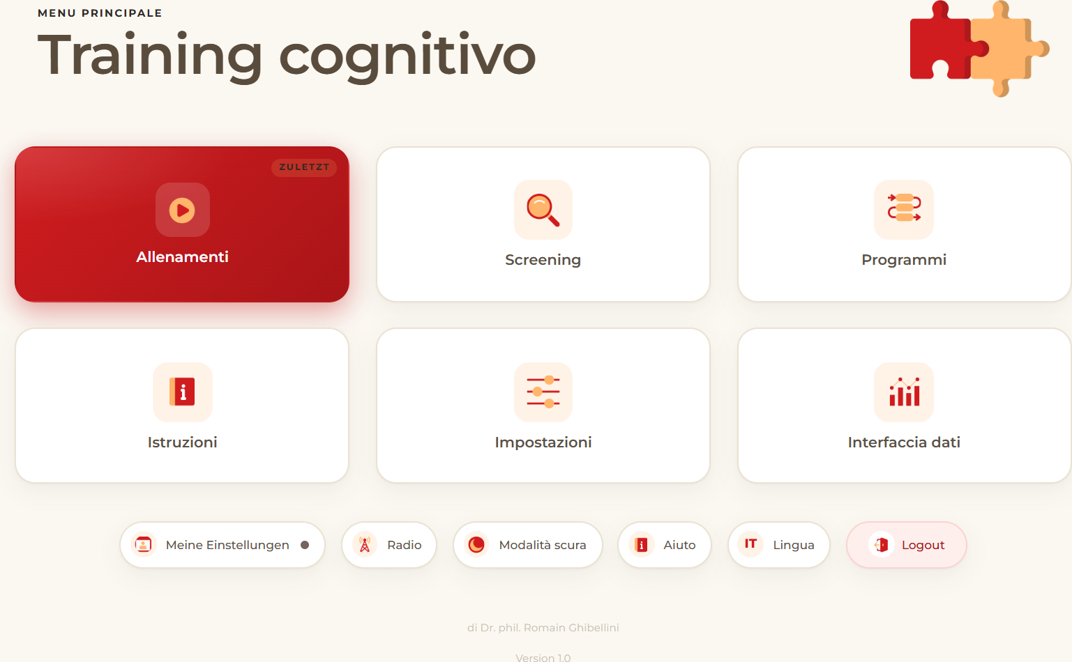 Pagina iniziale di Training cognitivo