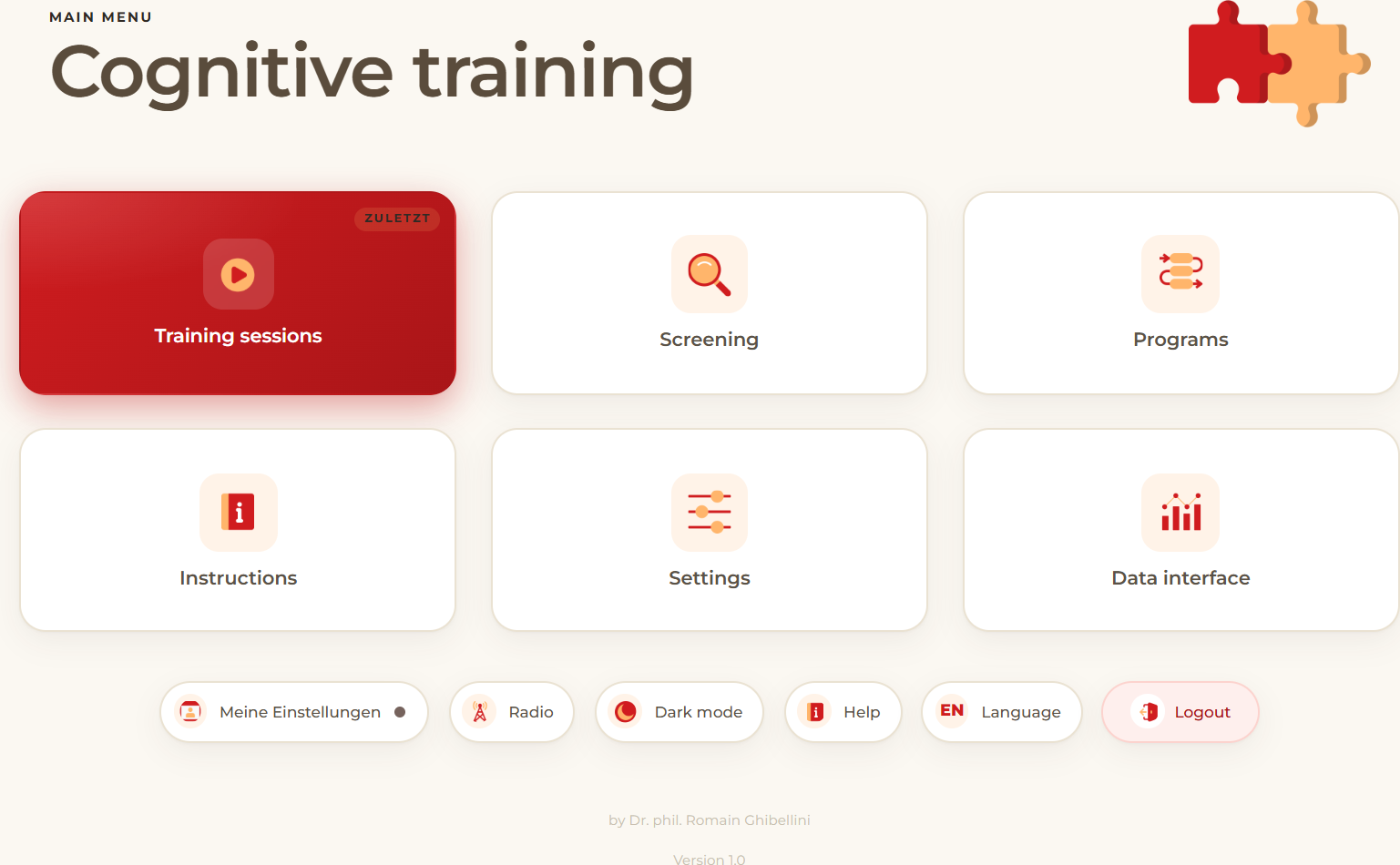 Home screen of Cognitive training